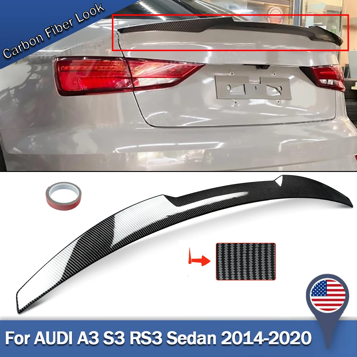 

For Audi A3 Carbon Look Spoiler Saloon 8V S3 RS3 2013 2014 2015 2016 2017 2018 2019 2020 ABS Rear Boot Spoiler M4 Style Wing