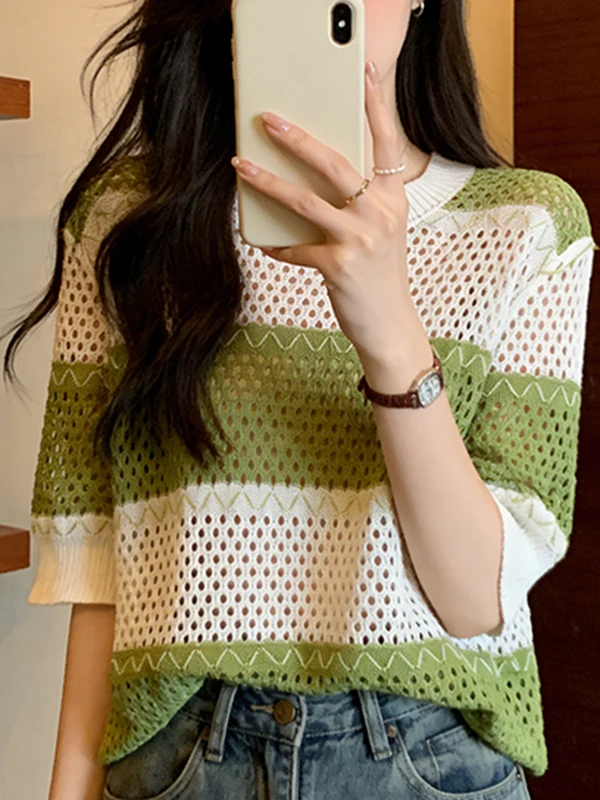 

plus Size Summer New Women's T-Shirt Hollow out Knitted Air Conditioning Top Fat Sister Sun Protection Clothes Korean Style