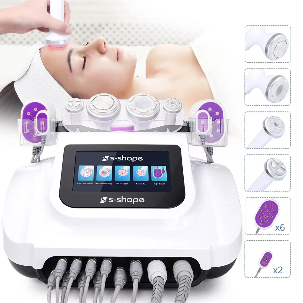 Professional 40K Ultrasonic 6 In 1 Cavitation Vacuum Radio Frequency 8 Pads Lipo Laser Slimming Machine Face Lifting Skincare