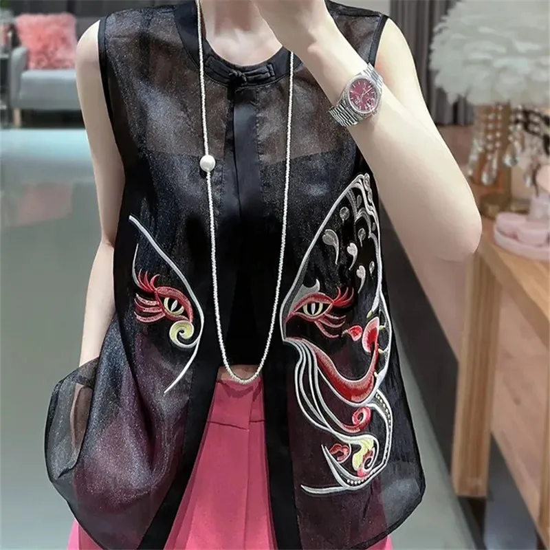 Chinese Vest Women Fashion Embroidered Waistcoat Round Neck Disc Buckle Thin Perspective Sunscreen Sleeveless Chaleco Mujer