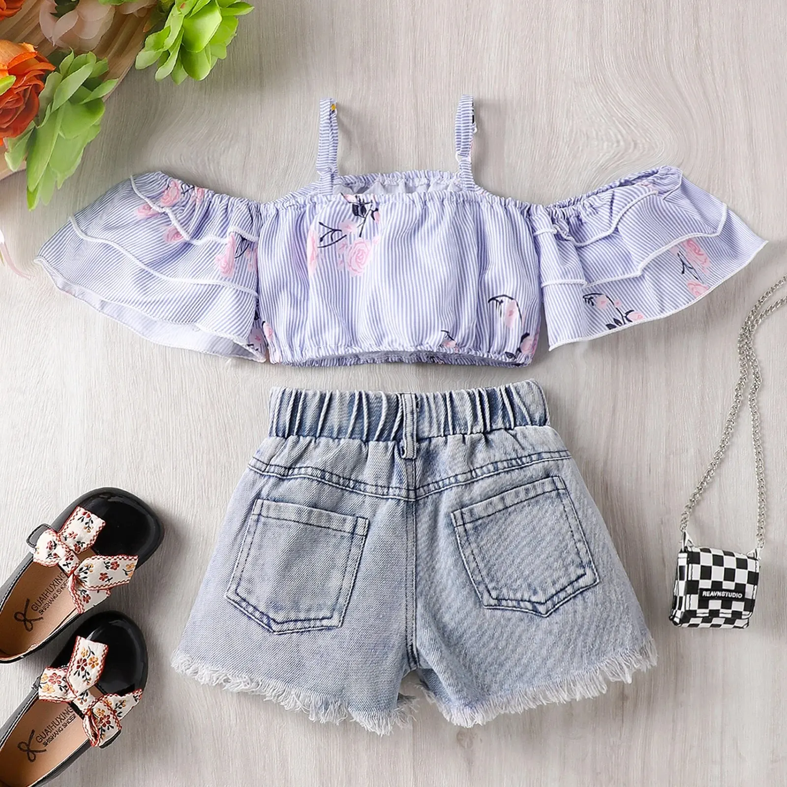 Summer 1-5 Years Old Baby Girl Cute Casual Light Purple Printed Suspender Vest Strap Top+Denim Shorts Set