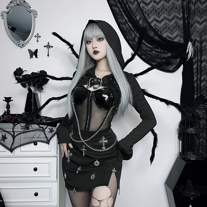 

loween k Street Sle Slim Fit Long Sve Hooded Patchwork Chain Emed Fabric Women's Cover up irt Nylon Material