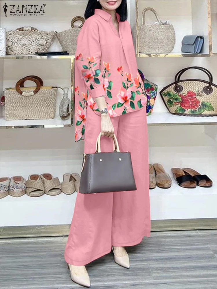 

Elegant Women Autumn Long Sleeve Printed Blouse Trousers Suit ZANZEA Spring Matching Sets Fashion 2pcs Women Outfits Pant Sets