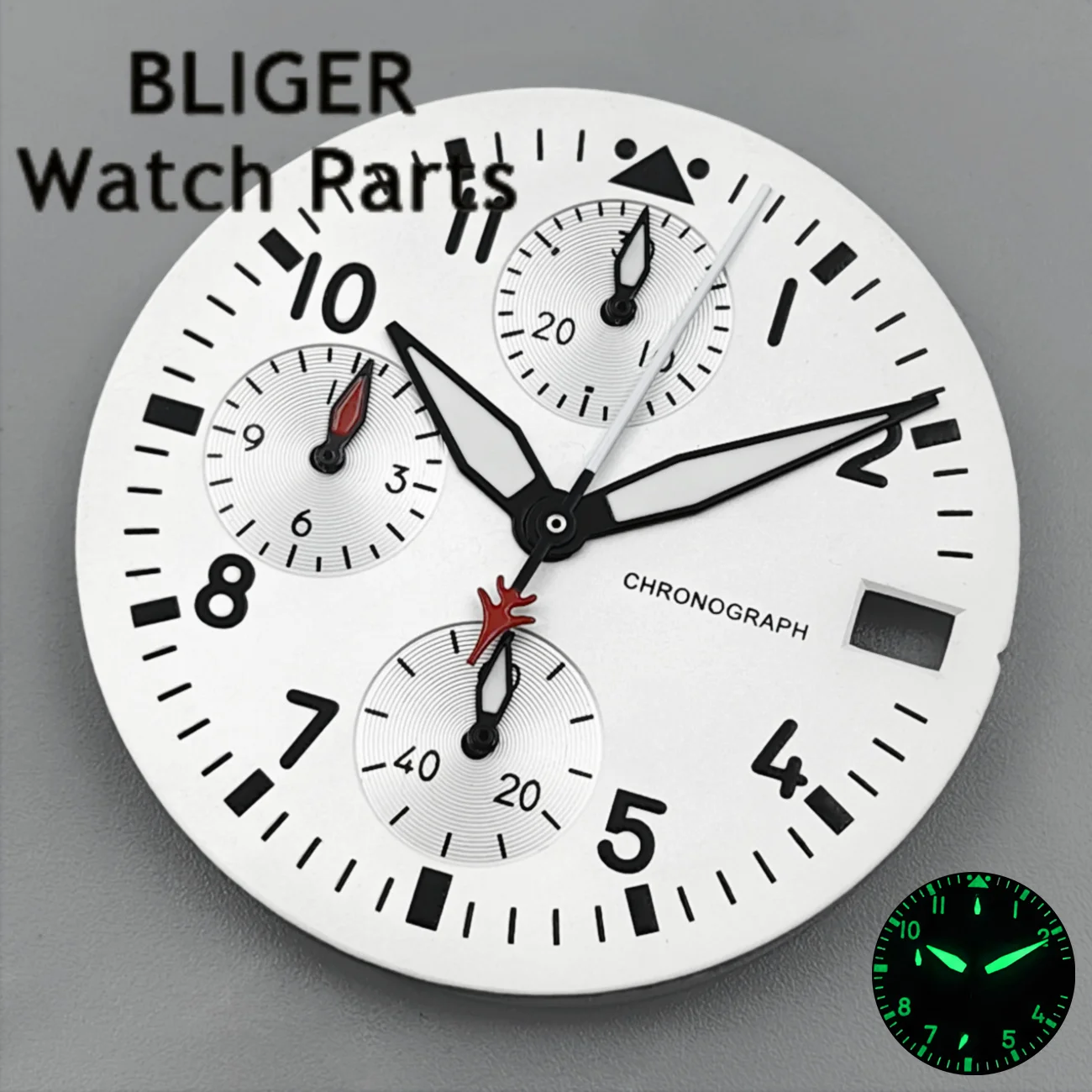 

BLIGER 30mm White Watch Dial VK67 Pilot Dial+6 Hands Sets 3 o'clock Date Window Luminous Fit VK67 Men's Quartz Mod Watch Parts