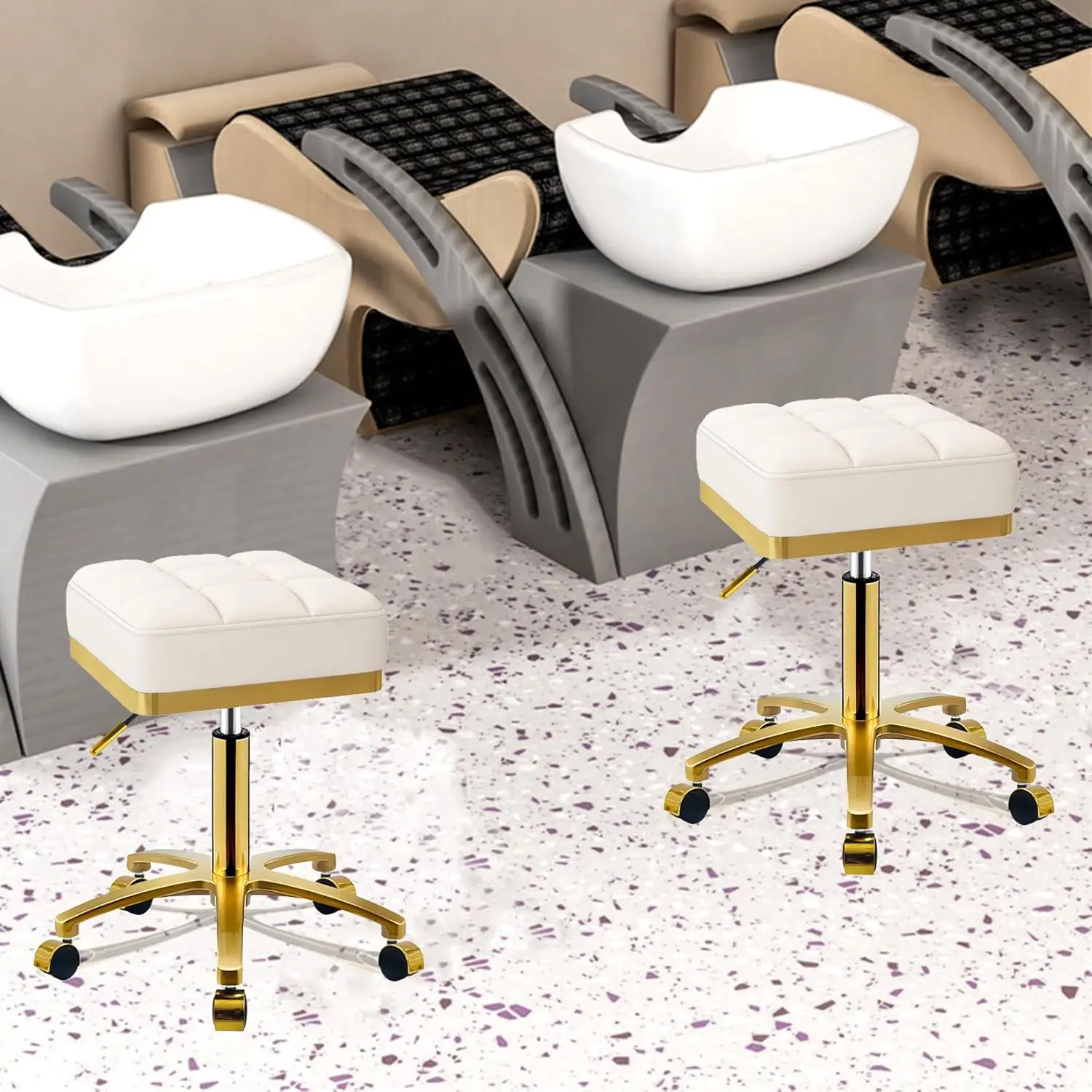 Kwadratowy stołek na kółkach Złote regulowane stołki obrotowe z kółkami, Vanity Lash Nail Salon Spa Roller Chair, Esthetician Massage