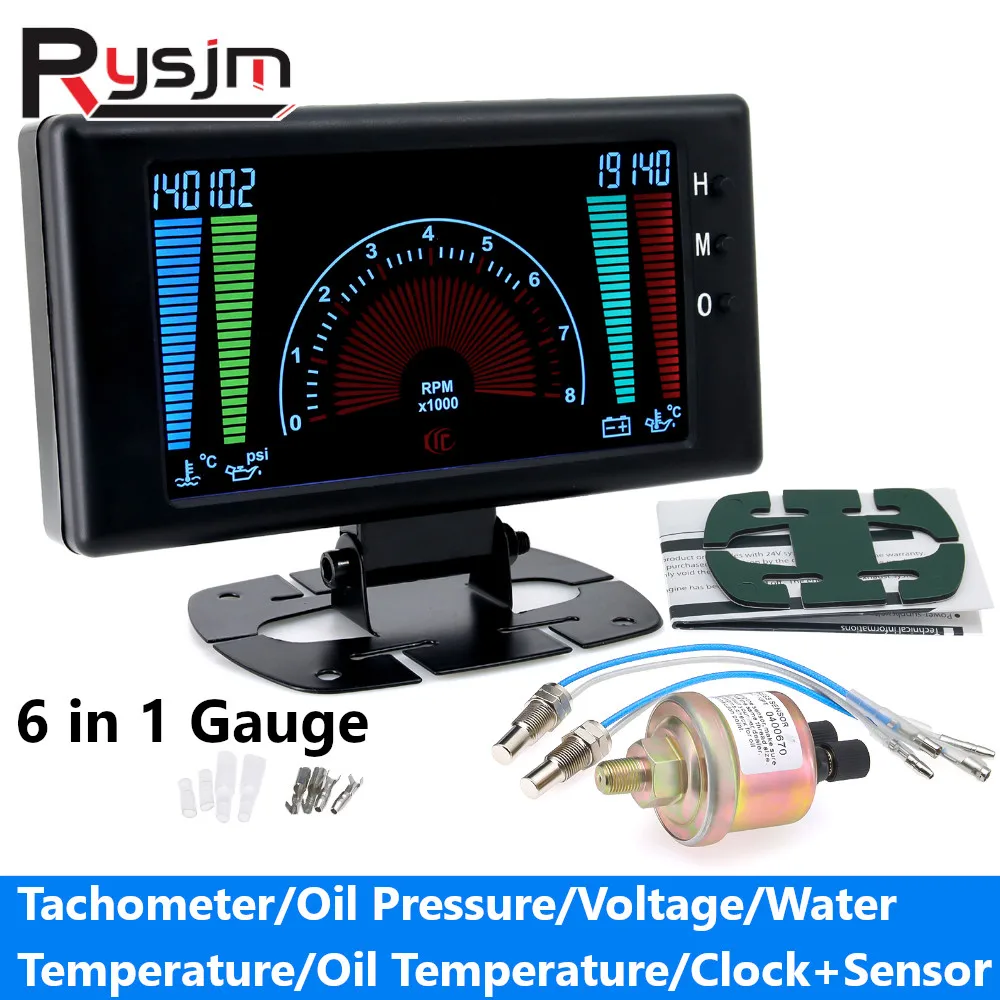 

Car Truck 6 IN 1 LCD Gauge Tachometer+Oil Pressure+Water Temperature+Oil Temperature+Clock+Voltage With Temp Press Sensor