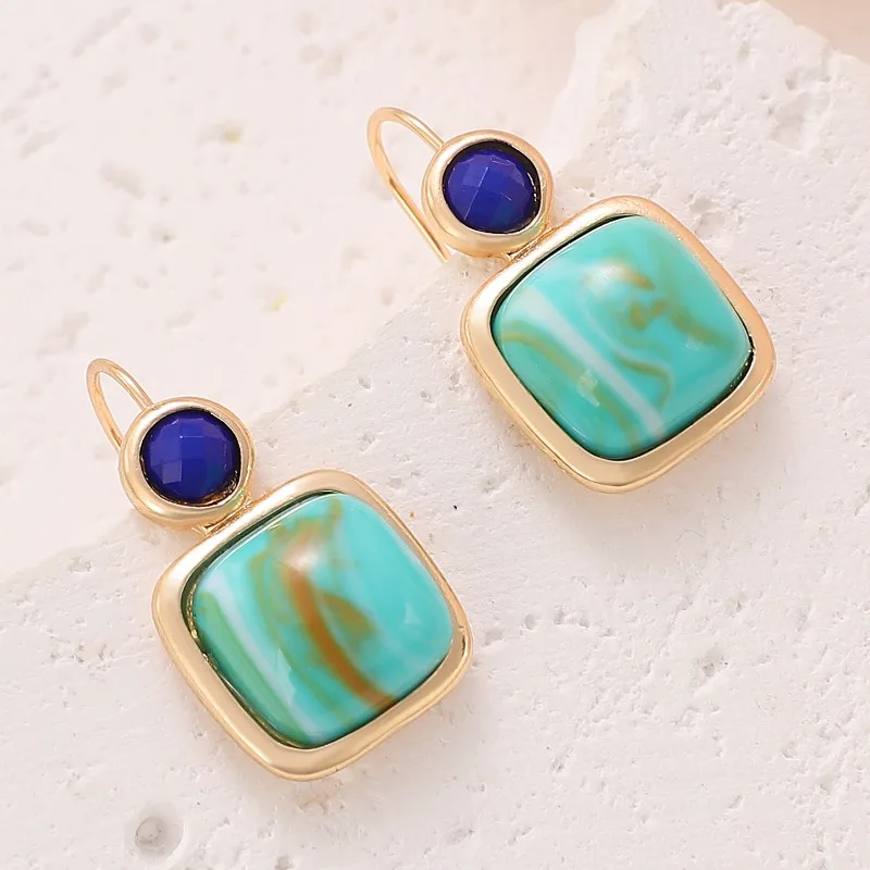 2024 New Minimalist Geometric Square Turquoise Earrings for Women's High-end Accessories Bohemian Vacation Style Earrings