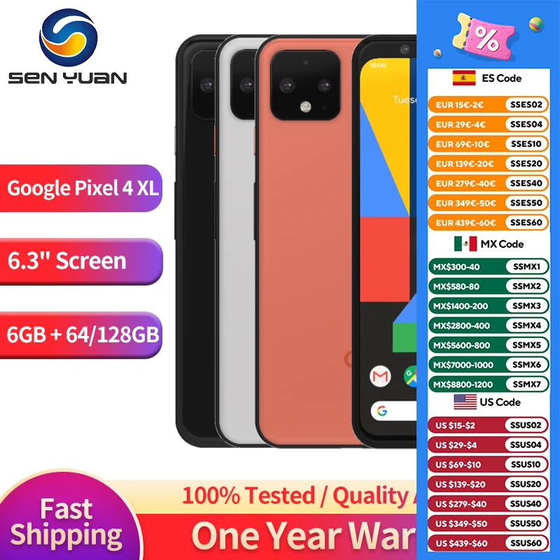 

Original Google Pixel 4 XL 4XL 6.3" 6GB RAM 64GB/128GB ROM NFC Snapdragon FACE ID Octa Core 4G LTE pixel 4xl cellphone