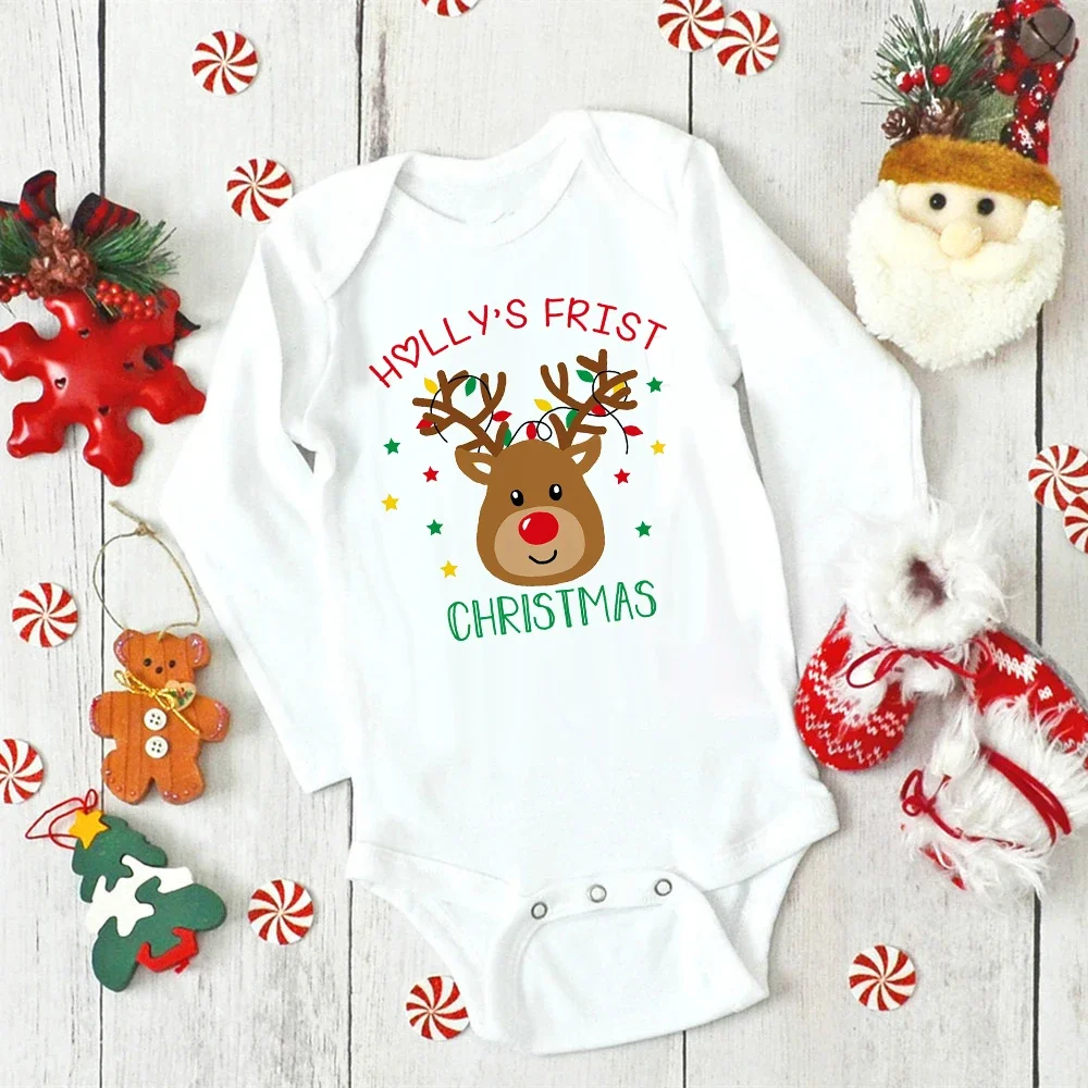 Personalised Baby First Christmas Bodysuits Custom Name Newborn Clothes Boys Girls Long Sleeve Jumpsuit Xmas Party Infant Outfit