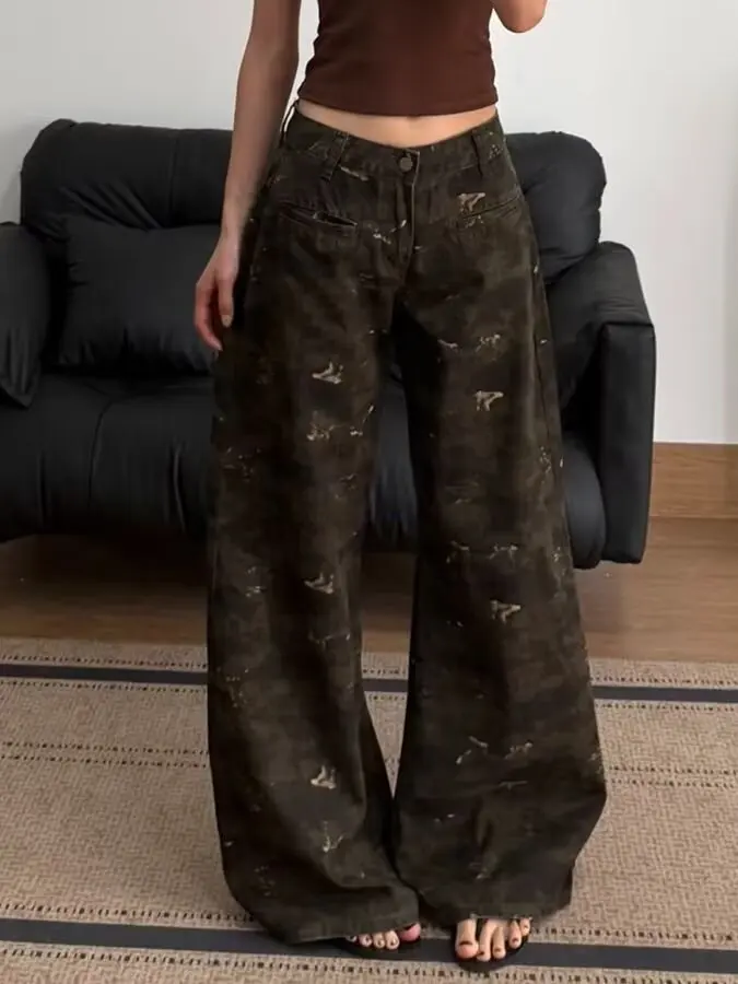 

plus Size Women's Vintage High Waist Wide Leg Jeans Summer New Loose Slim Straight Camouflage Floor-Length Pants