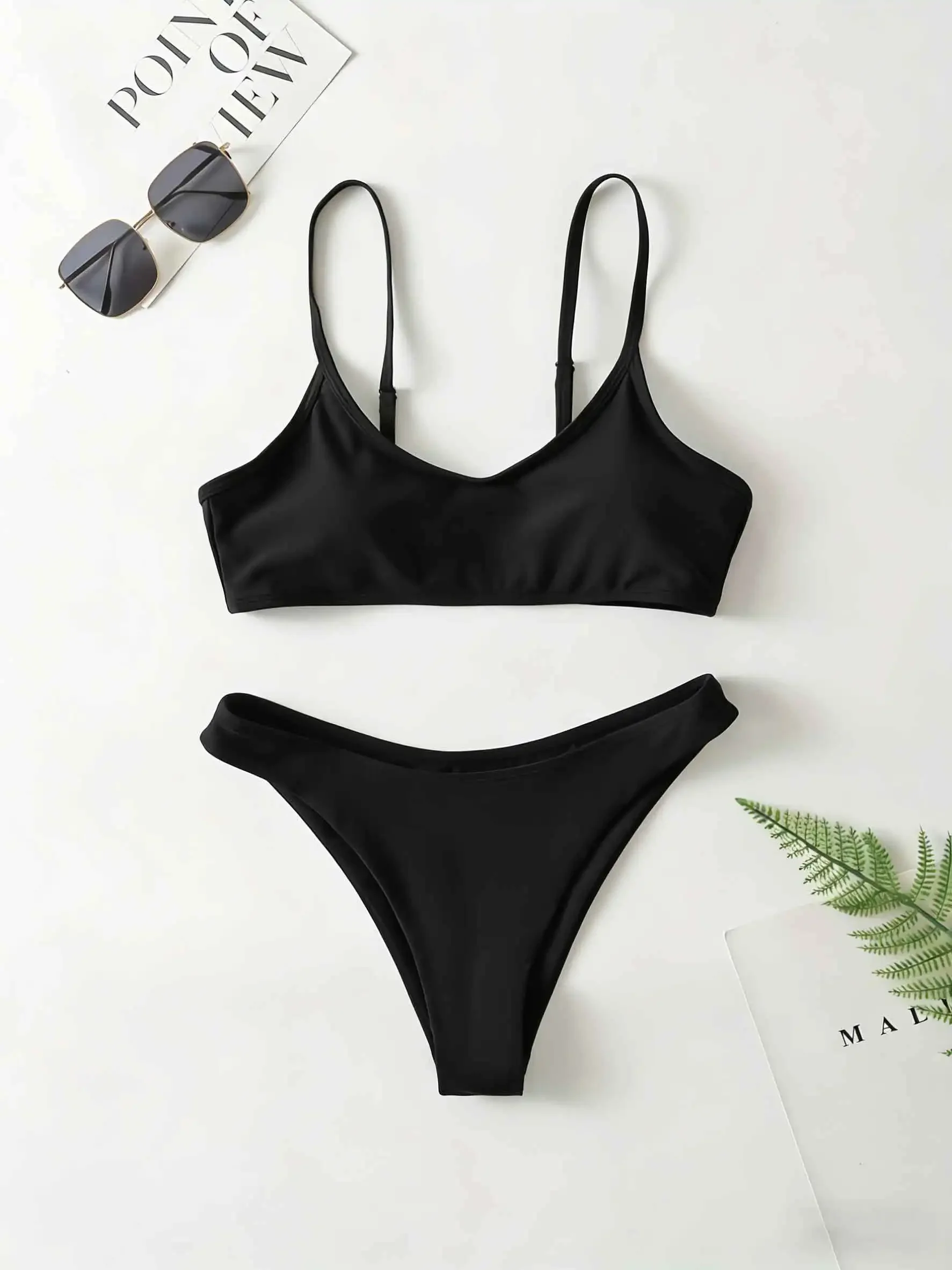 Adult women's fashionable solid color bra bikini - adjustable shoulder straps, suitable for slim fit swimsuits on beach vacation