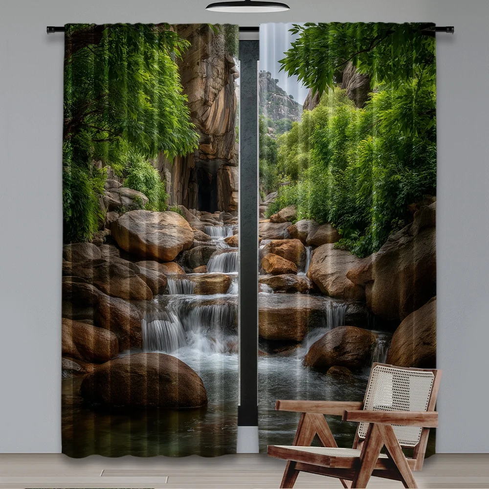 2pcs 2D flat printing Window Curtains Cave Waterfall Scenic Rocks River 100% Polyester Without Electricity Festive Wall Decor