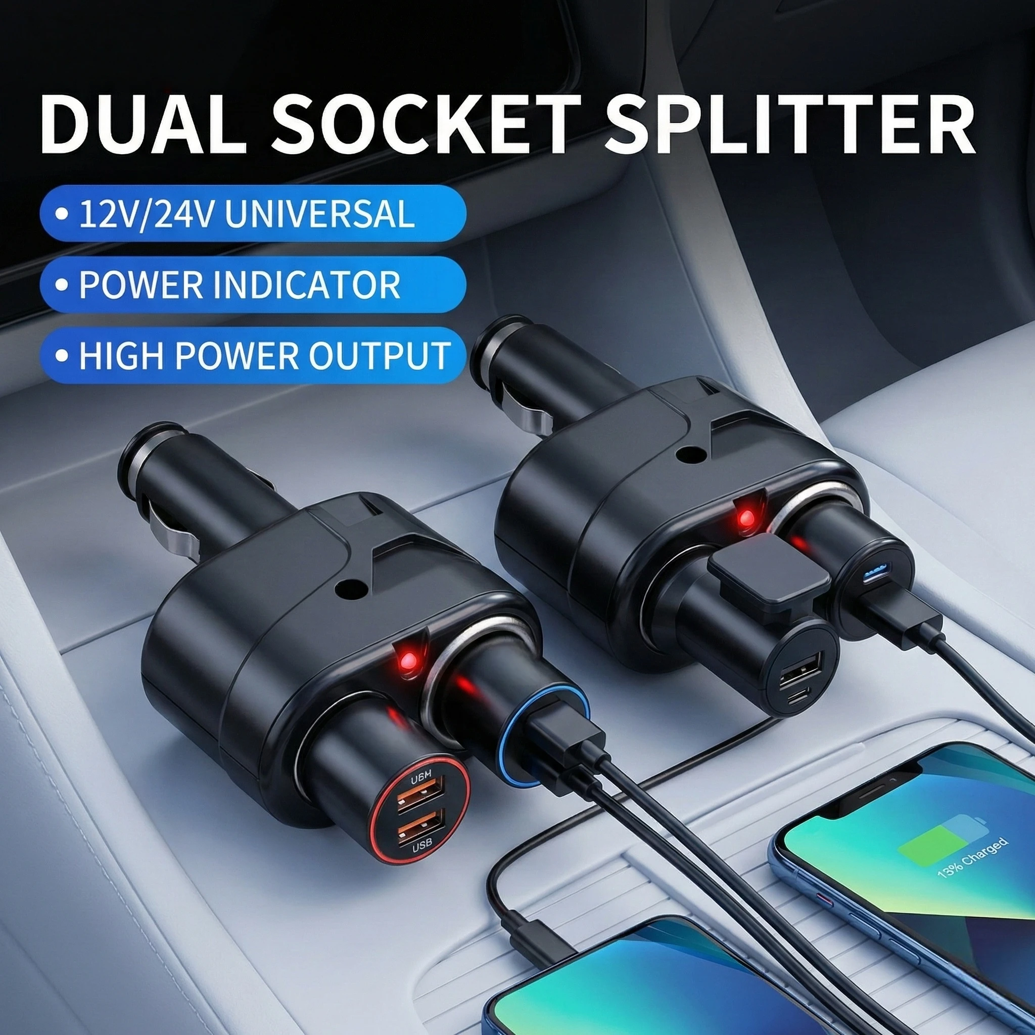 Dual Cigarette Lighter Sockets Car Charger Splitter Lighter Splitter Cigar Lighter Double Dual Adapter Car Accessories 12/24V