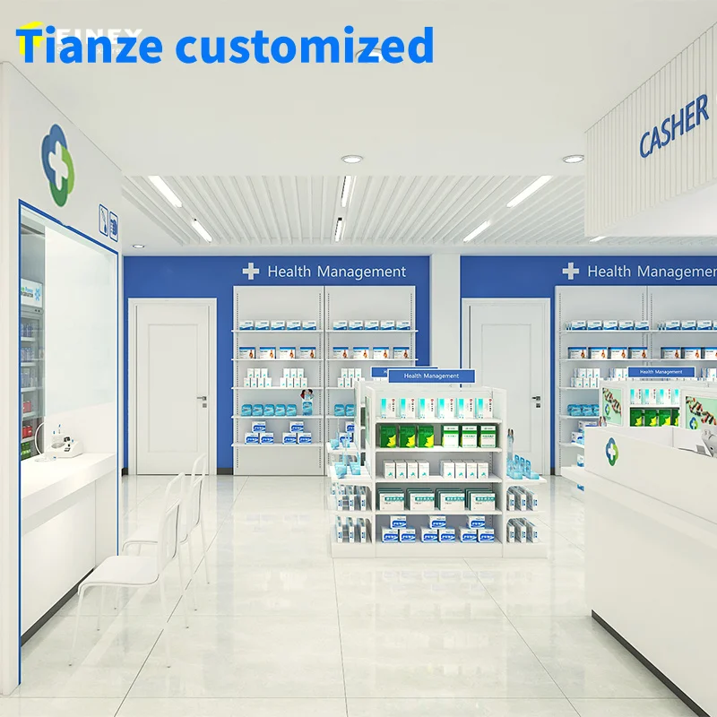 （customized）Customized Modern Pharmacy Interior Decoration Furniture Factory Price Pharmacy Display Shelves Cabinet Gl