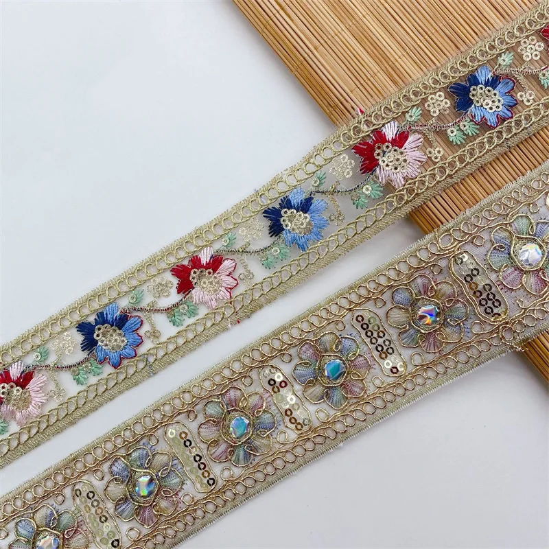 1 Yards Ethnic Lace Hand Embroidered Sequin, DIY Ribbon Stitching Trim Clothing Sewing Accessories