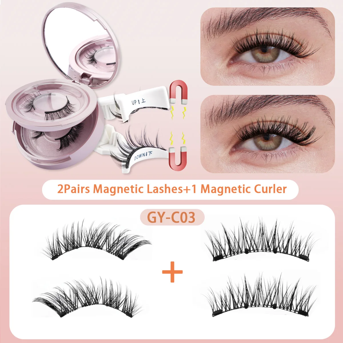 2 Pairs Magnetic Eyelash Natural Look Fluffy False Eyelashes Reusable Magnetic Eyelash Set with Applicator No Glue Need Makeup