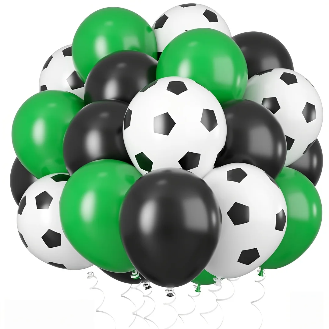 Luftballons, grüne, schwarze und weiße Latex-Luftballons mit Fußballmuster und Bändern, geeignet für Jungenpartys, Sportthemen, Jubiläumsfeiern und Babyparty-Dekorationen