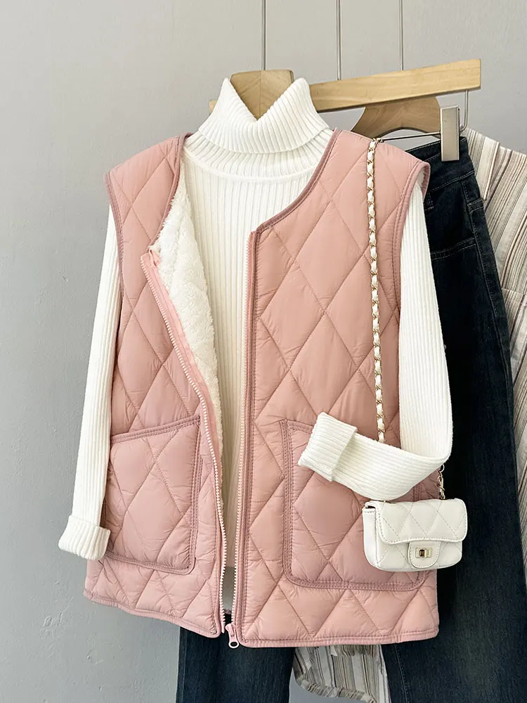 

2024 New Women's Loose plus Size Fce Lined Warmth Padded Vest Autumn Winter Faionable ort Zipper Nylon Tank Top