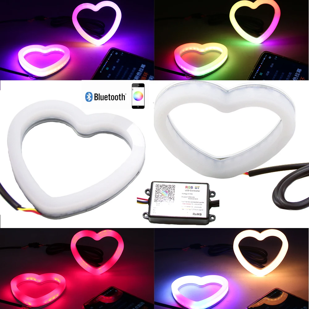 2pcs Colorful LED Modified Headlights Fog Light Love Aperture with Mobile APP Bluetooth Control RGB Cotton Light Colorful