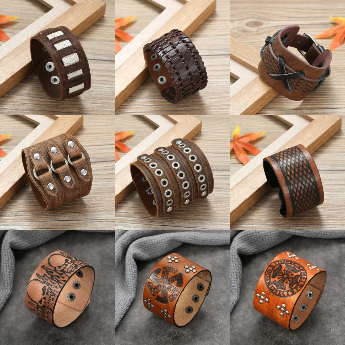 

Punk Leather Wristbands for Men Bracelets Handmade Wide Cuff Bangle Braided Jewelry Black Brown Adjustable - Punk Father's Gifts