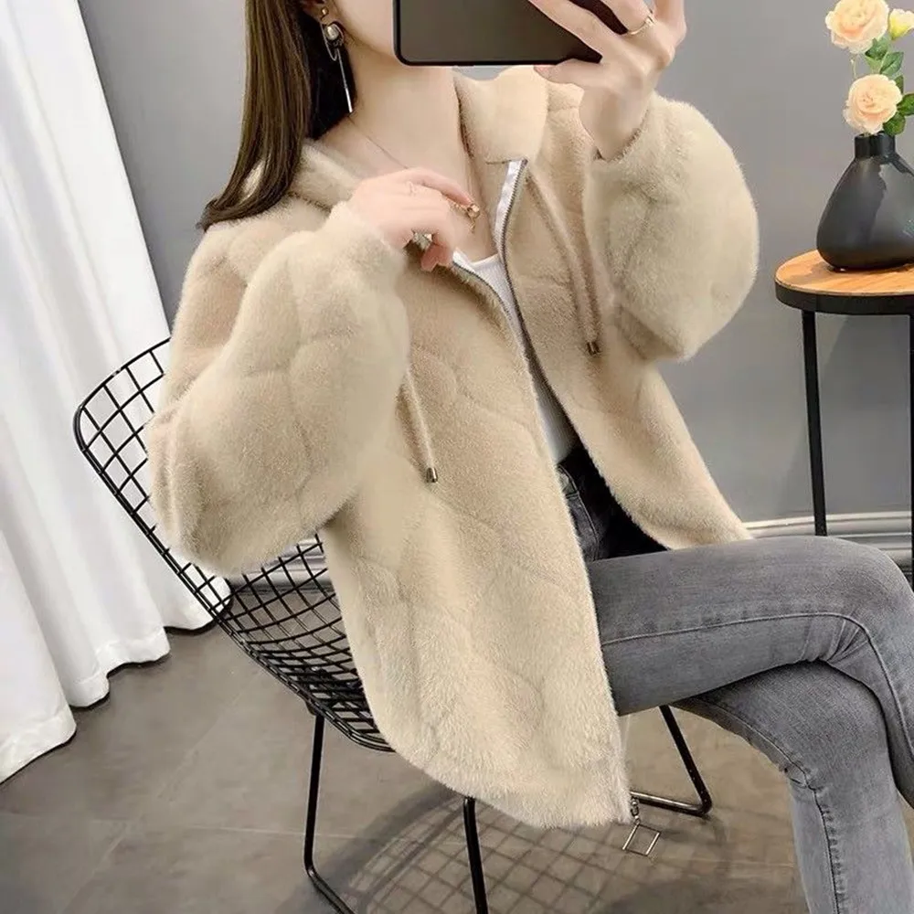 Mink Fleece Sweater Coat Korean Thick Short Knit Cardigan Women\'s Outerwear Casual Loose Plush Fluffy Pink Jacket Overcoat