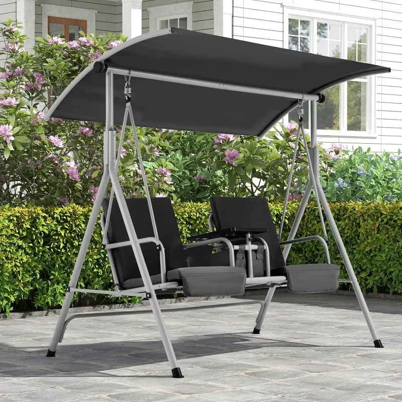 

HOMREST 2 Seat Outdoor Porch Swing,Patio Swing with Adjustable Canopy,Heavy Duty 650 LBS Outdoor Swing (Dark Black)