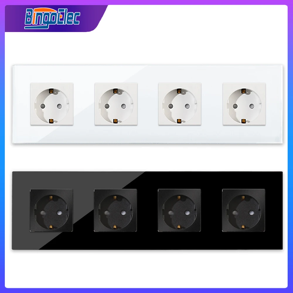 Bingoelec-tomada Elétrica Padrão da ue Branco e Preto Painel de Vidro Cristal 110250v Saídas