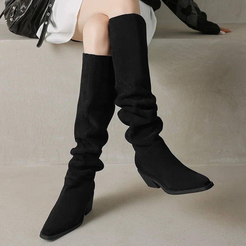2026 new autumn winter natural leather women knee-high-boots 22-25cm stretch flannel square toe long boots Pile up boots