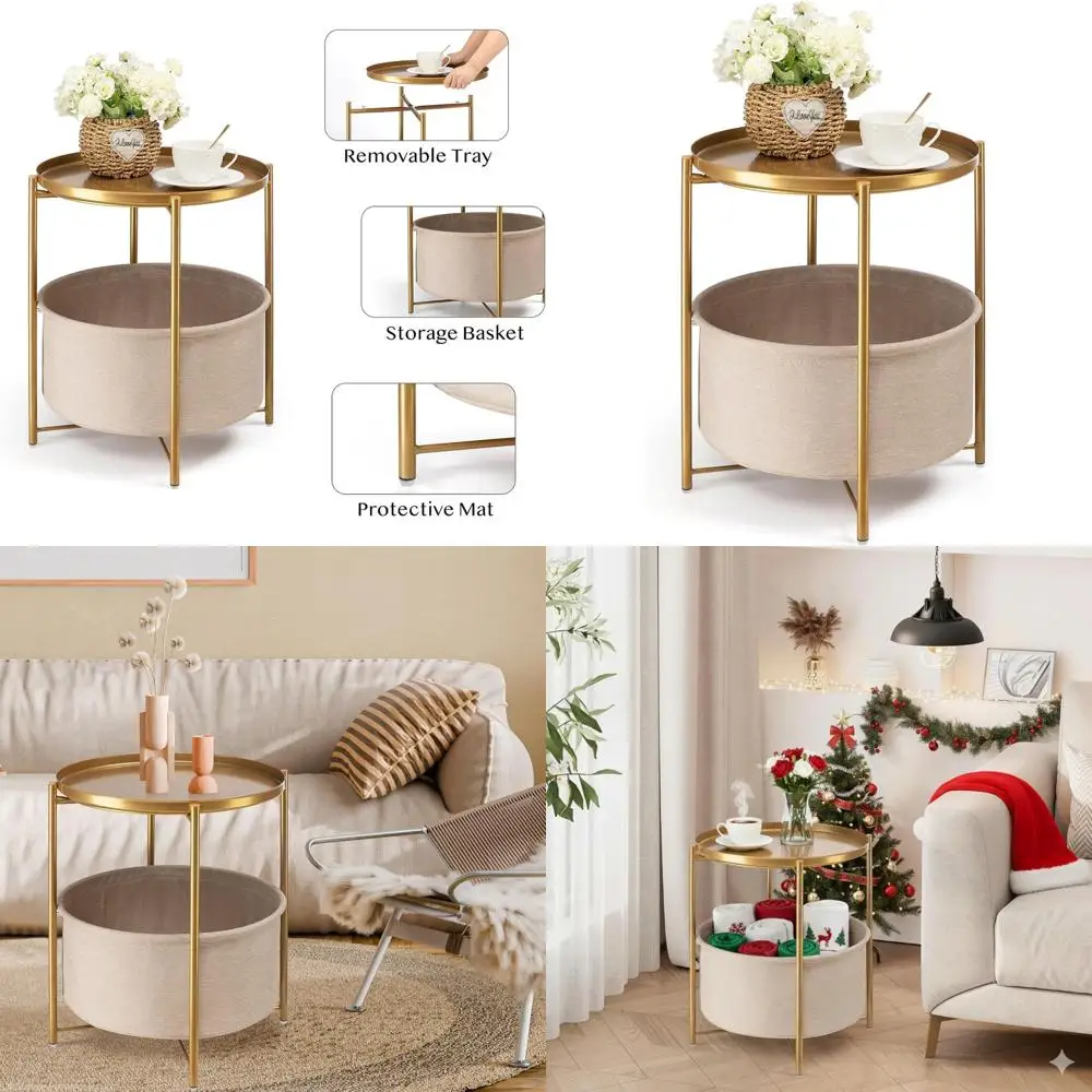 

Приставной столик из золотистого металла с тканевой корзиной и съемным подносом для гостиной, спальни или детской