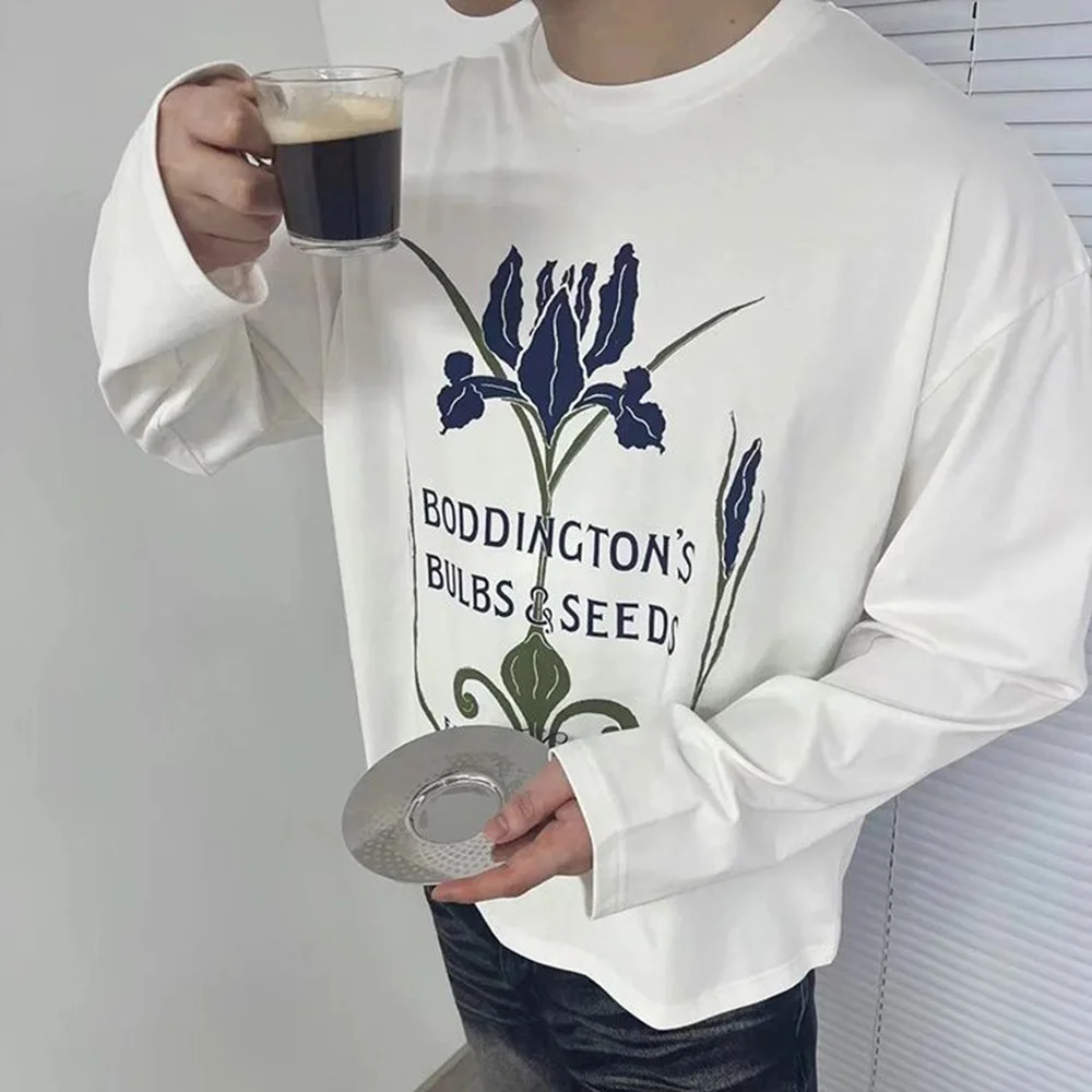 Mens Pullover Flower Iris Graphic Print Autumn Cotton Long Sleeve T-Shirt English Font Article Niche Youthful Boxy Fit Daily Top