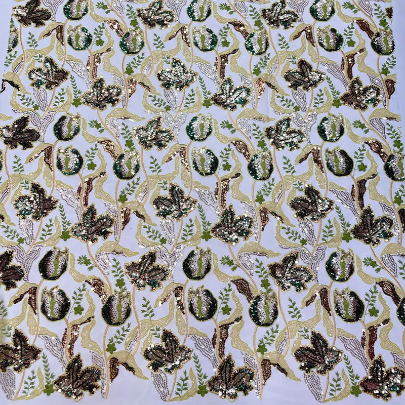 New French fashion net fabric dress for children featuring multi-color sequins, beads and embroidery of leaves and flowers.