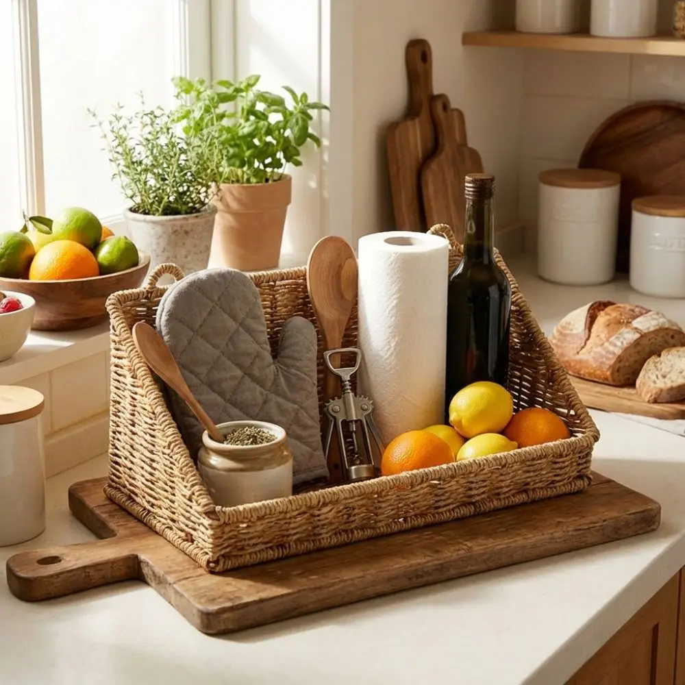 

Imitation Rattan Wall Storage Baskets Wall-Mounted Large Capacity Woven Hanging Basket Single-Layer No Drill Grocery Basket