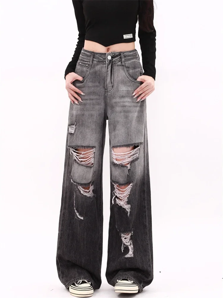 Women's Black Gradient Distressed Jeans Street Cool Girl Bottoms Wide Legs Pants Female Distressed Baggy Denim Trousers 3XL