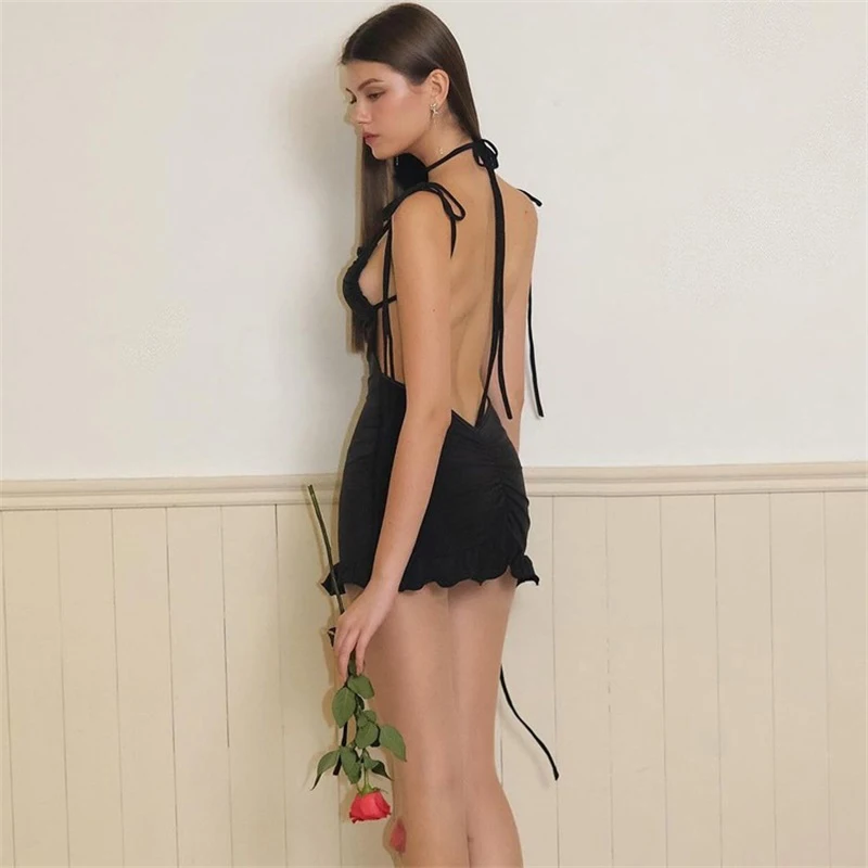 European Women'sSexy Backless Strappy Slim Fit  American Hot Girl Mini Skirt Open Back Lace Up Women Skirt Hip-covering Skirt