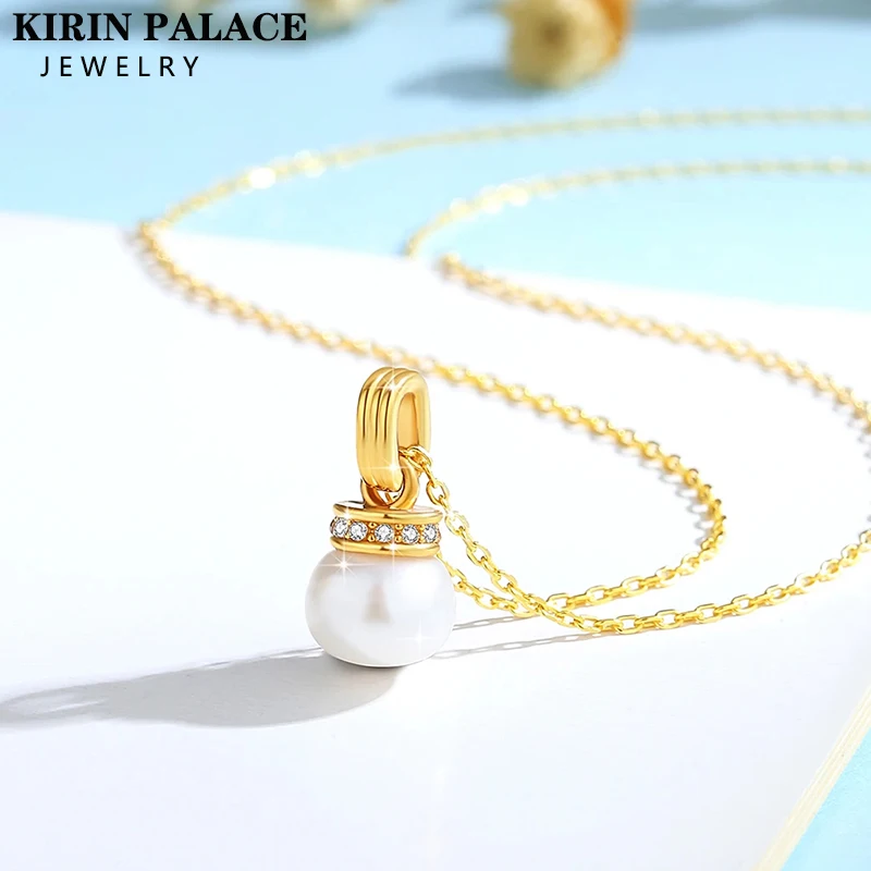 Real Authentic AU750 Necklace Women 6*8MM Natural Pearl Pendant With Certificate 18K Gold Waterproof Fine Jewelry Gift Prensent