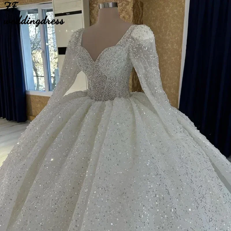 

Customized White Ball Gown Long Sleeves Wedding Dresses Sweetheart Neck Lace Sequined Luxury Robe De Marie Vestido De Novia