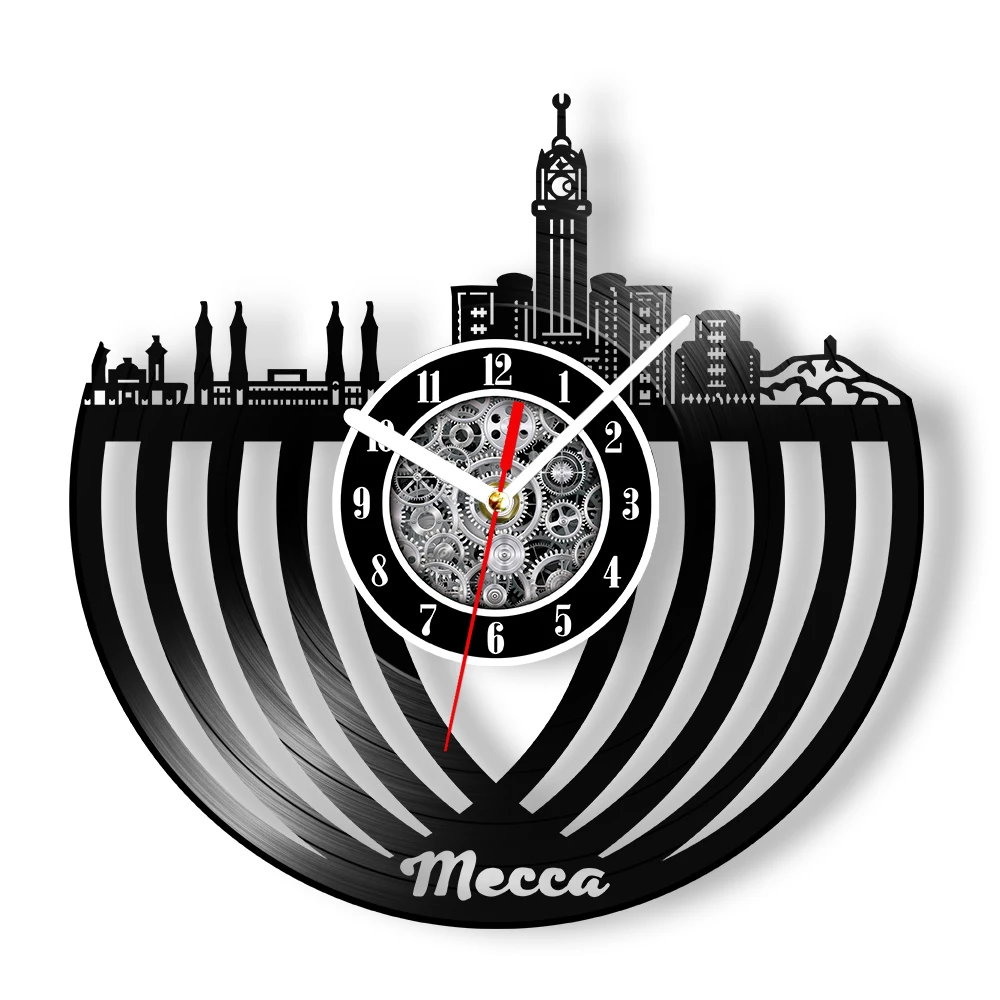 Mecca Mosque Retro Music Album Vinyl Record Wall Clock Ishaa Prayer Home Decor Saudi Arabia Building Artwork Silent Quartz Clock