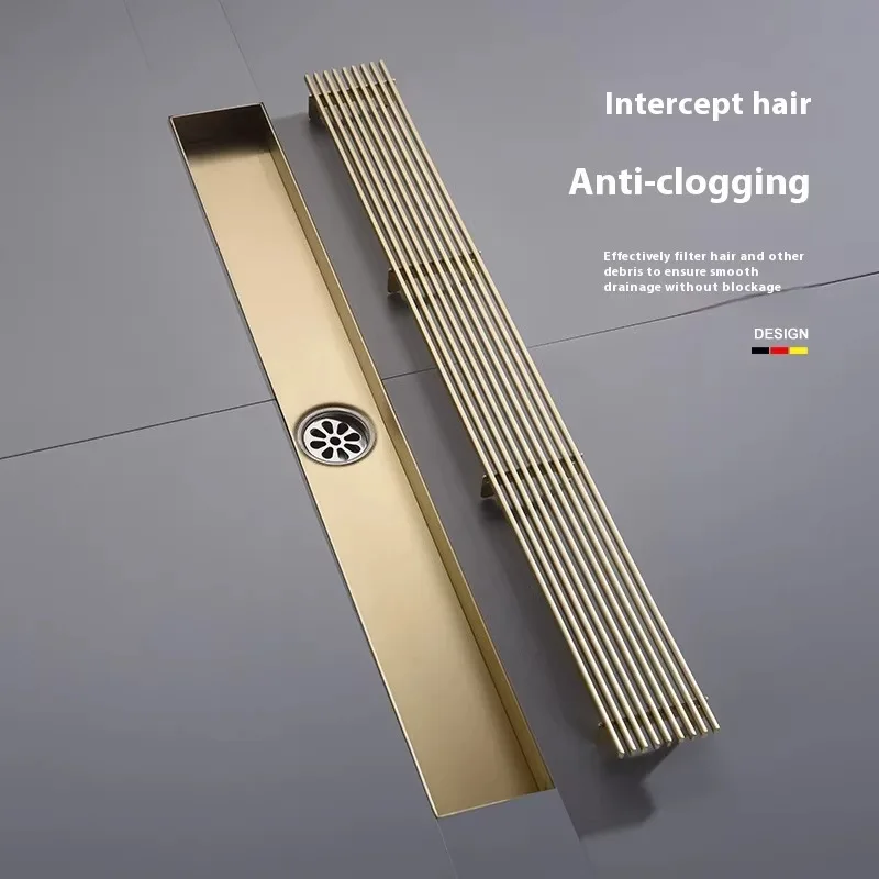 20-60cm Golden Bamboo Row Linear Floor Drain, Six-Proof Grille, Extended Stainless Steel Long Shower Drain Bathroom Hardware
