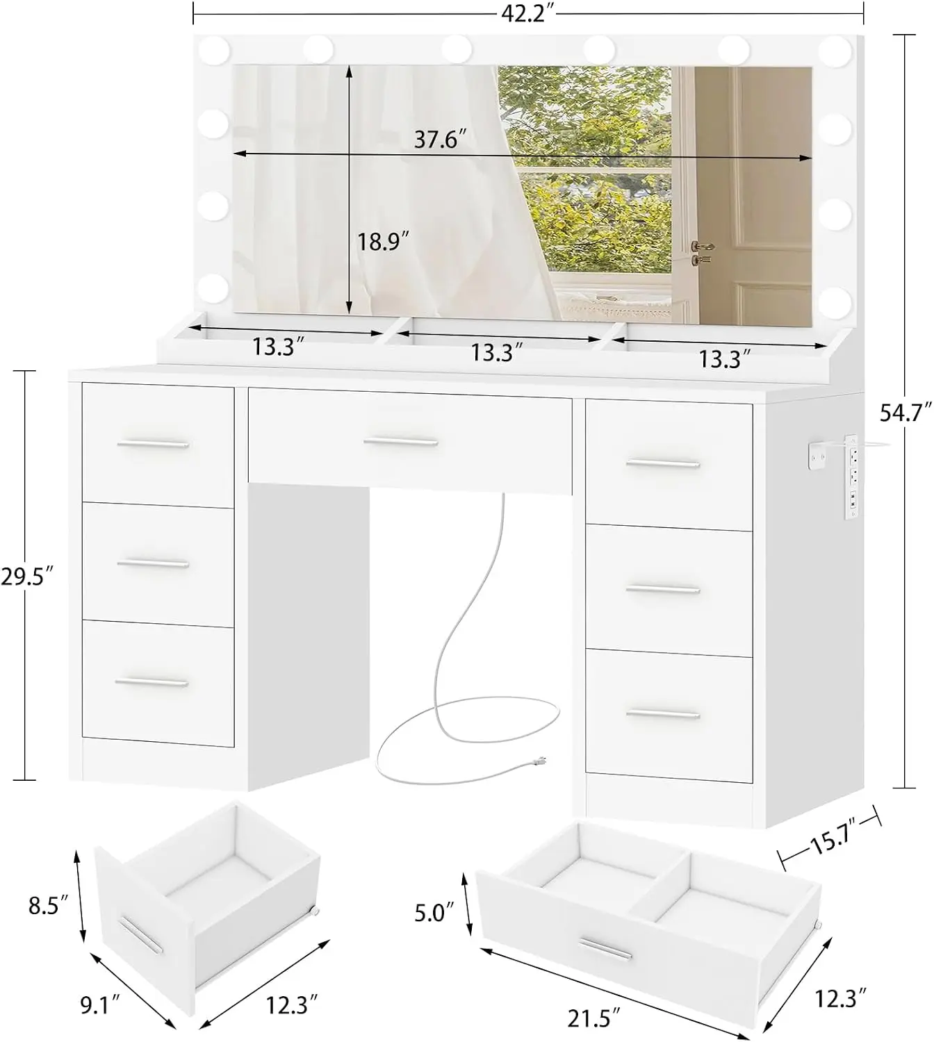 FIONESO Vanity with Large Mirror and 12 LED Lights, Vanity Desk with 7 Drawers & Hairdryer Holder, Makeup Vanity Desk with Charging Station for Women, Girls, 3 Lighting Color Adjustable, White