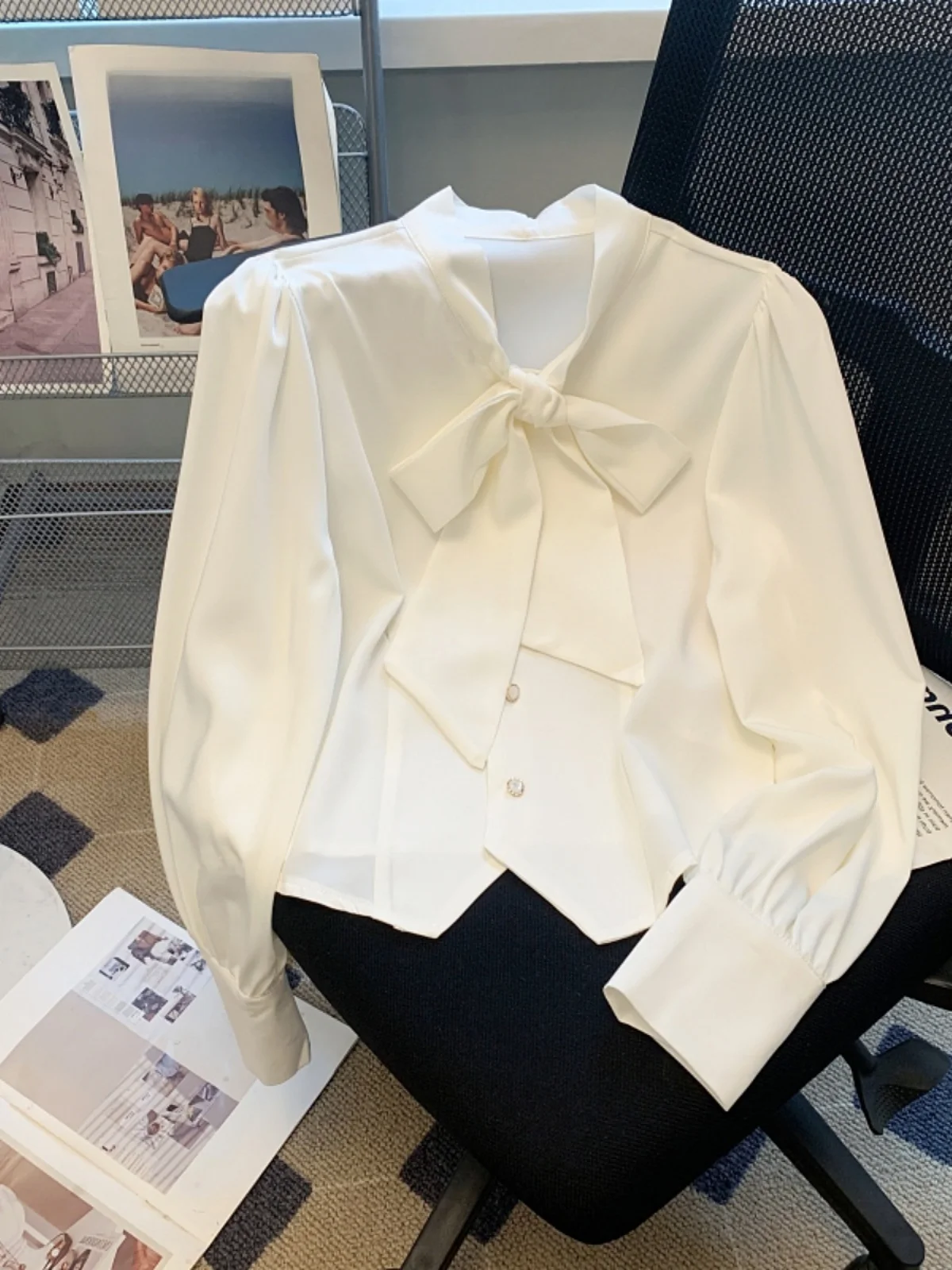 

Elegant Long Sleeve Women's Shirt Chiffon Knot Spring Fashionable Beautiful Top Sweet Style Slim Fit Short Length