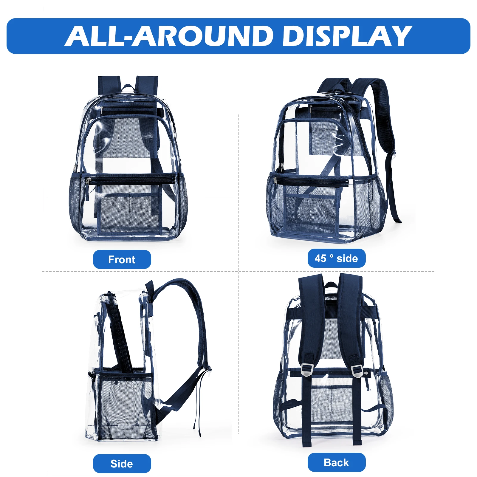 حقيبة ظهر شفافة من البوليستر - حقيبة نهارية شفافة أنيقة للمدرسة متعددة الجيوب حقيبة ظهر شفافة كاجوال حقيبة جمالية حديثة #6