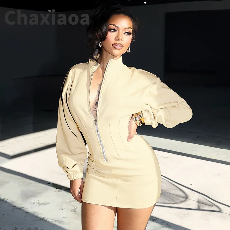 Chaxiaoa Long Sleeve Zipper Mini Dresses Women Vestidos 2025 Autumn Winter New Stand Collar Waisted Bodycon Dress Black Beige