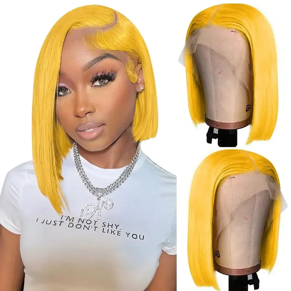 

﻿ Yellow Short Bob Human Hair Wigs 13x6 Lace Frontal Wig Colored Human Hair Wigs 100% Beautiful Girls Wear Great Clothes HD