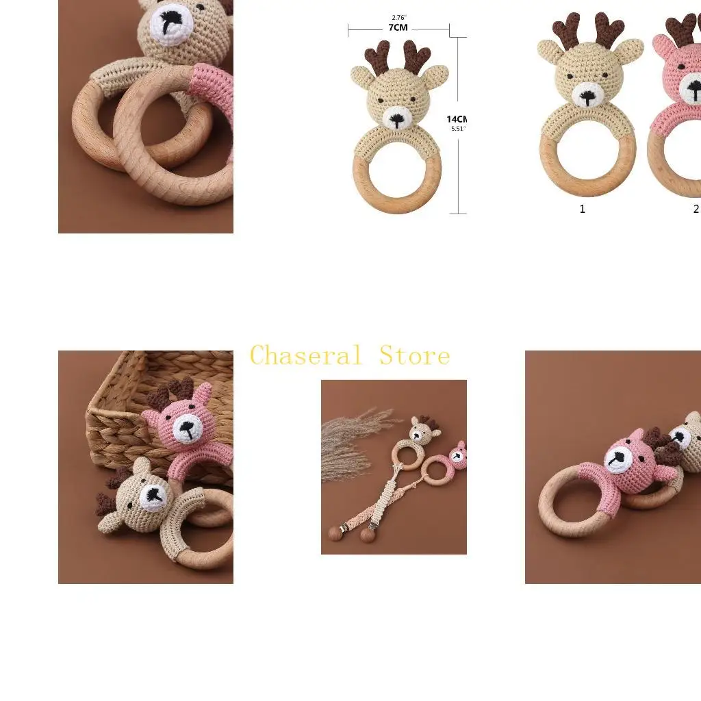 E7CE Wooden Teether Ring Grip Soft Crochet Deer Design Baby Boys and Girls Toddlers' Teething Needs.