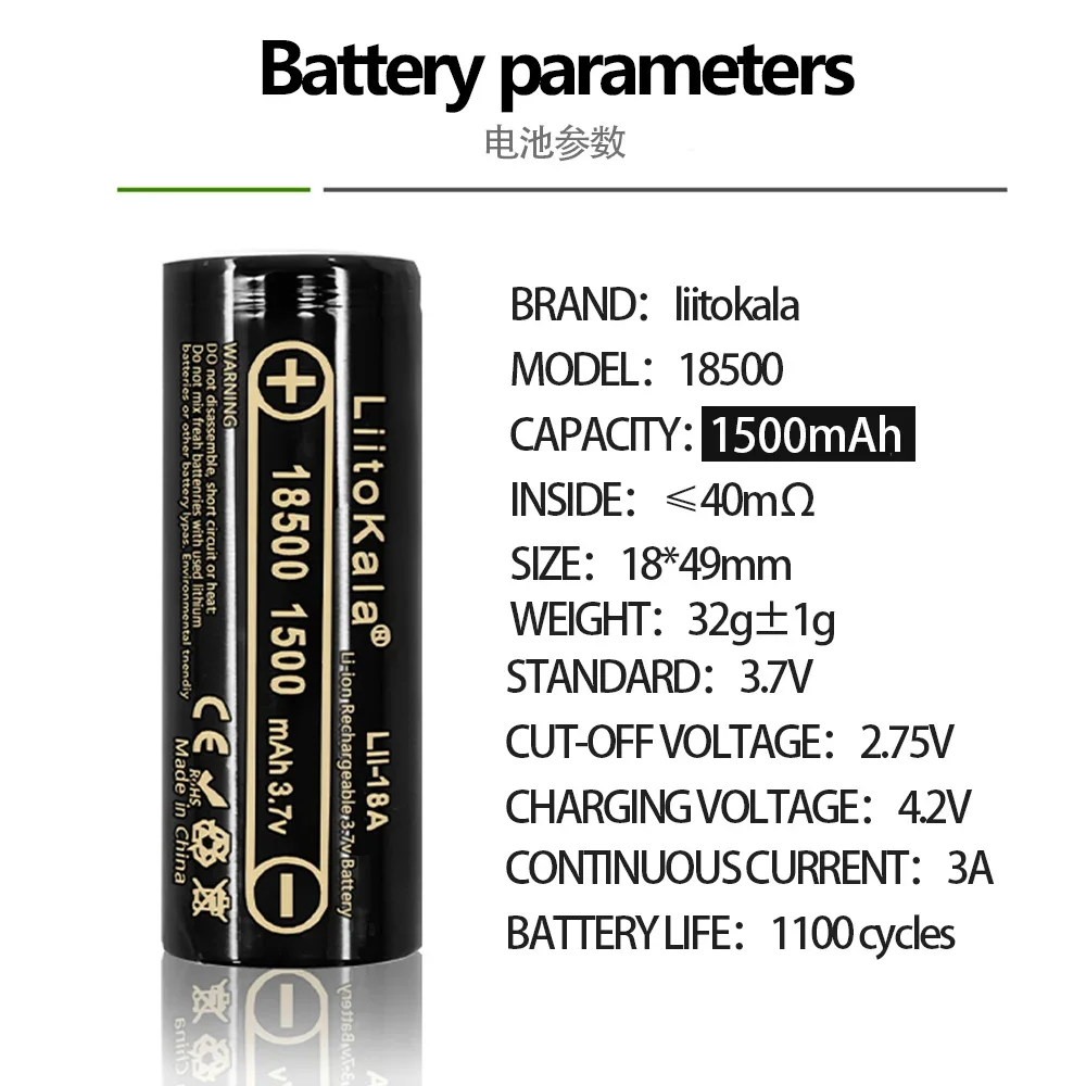 LiitoKala 3.7V Lii-18A 18500 Battery 18500 1500mAh Rechargeable Battery for Flashlight Wholesale Safe Li-Ion