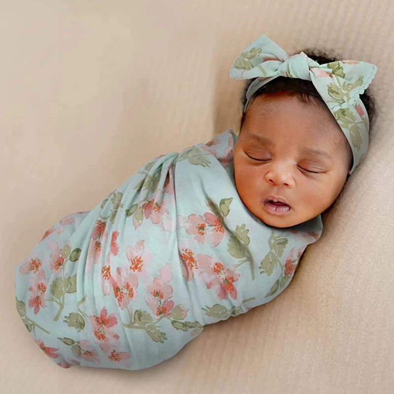 2 peças bebê recém-nascido microfibra swaddle wrap com gorro chapéu headwrap conjunto bonito floral animal impressão infantil recebendo cobertor