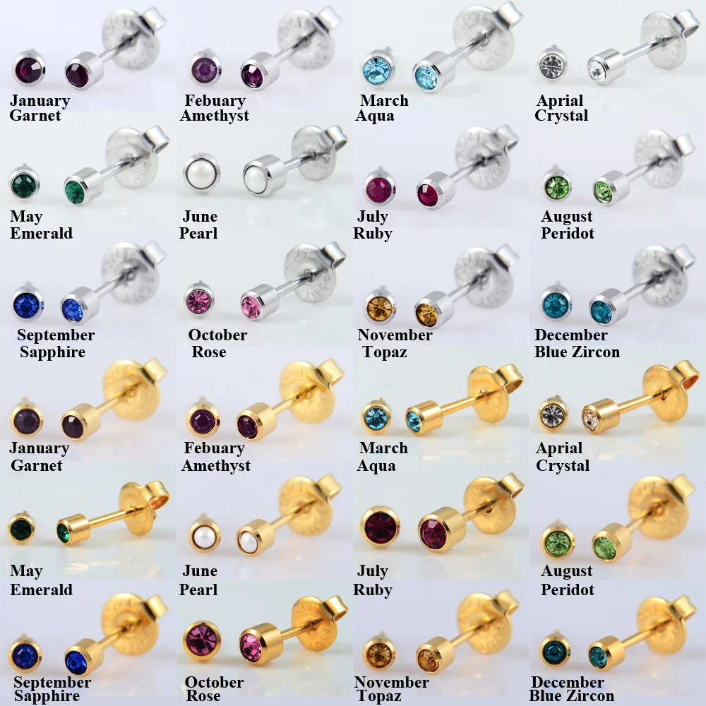 1 Pair Surgical Steel Birthstone CZ Zircon Gas Sterilized Ear Studx Earrings Piercing Professional Gun Jewelry For Gold Black