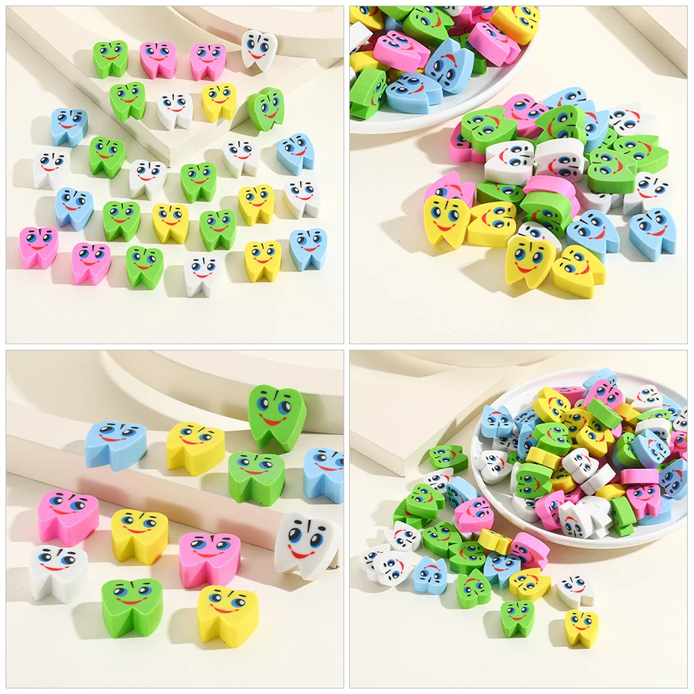 

70pcs Tooth-Shaped For Kids Colorful Office Stationery Drawing Writing Mini Pencil Roller Cute Erasers Kawaii