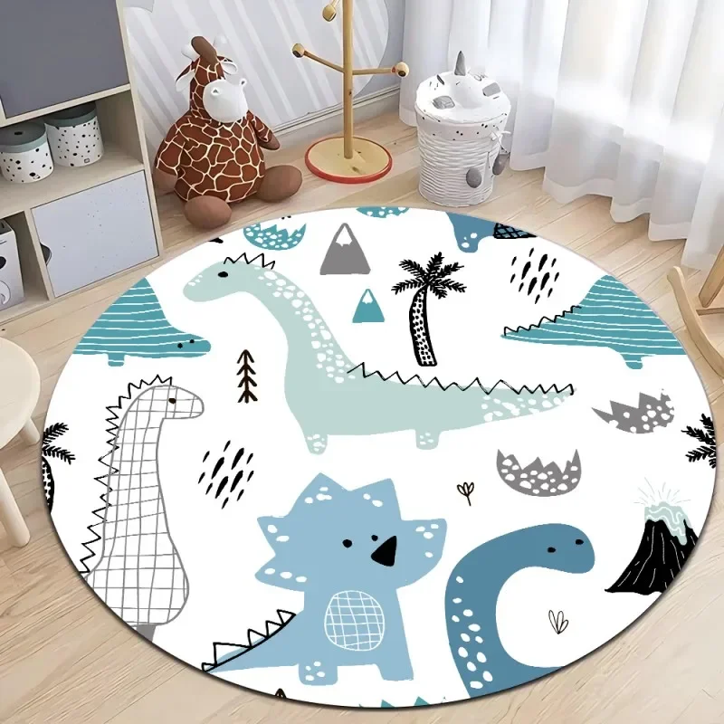 Cute Dinosaur Cartoon Round Rug, Soft Chenille Non-Slip Floor Mat for Kids Room, Living Room, Nursery, Washable Area Rug