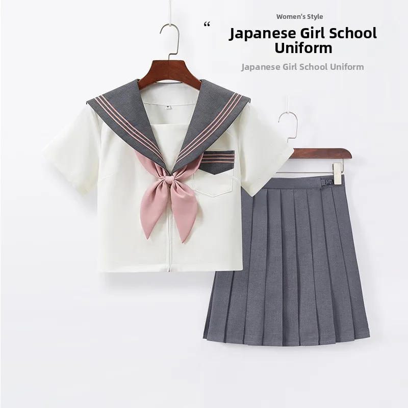 New Grey Uniform School Uniform Set Short Skirt Pleated Long Sleeve Sailor Outfit Sweet College Style Female Costume